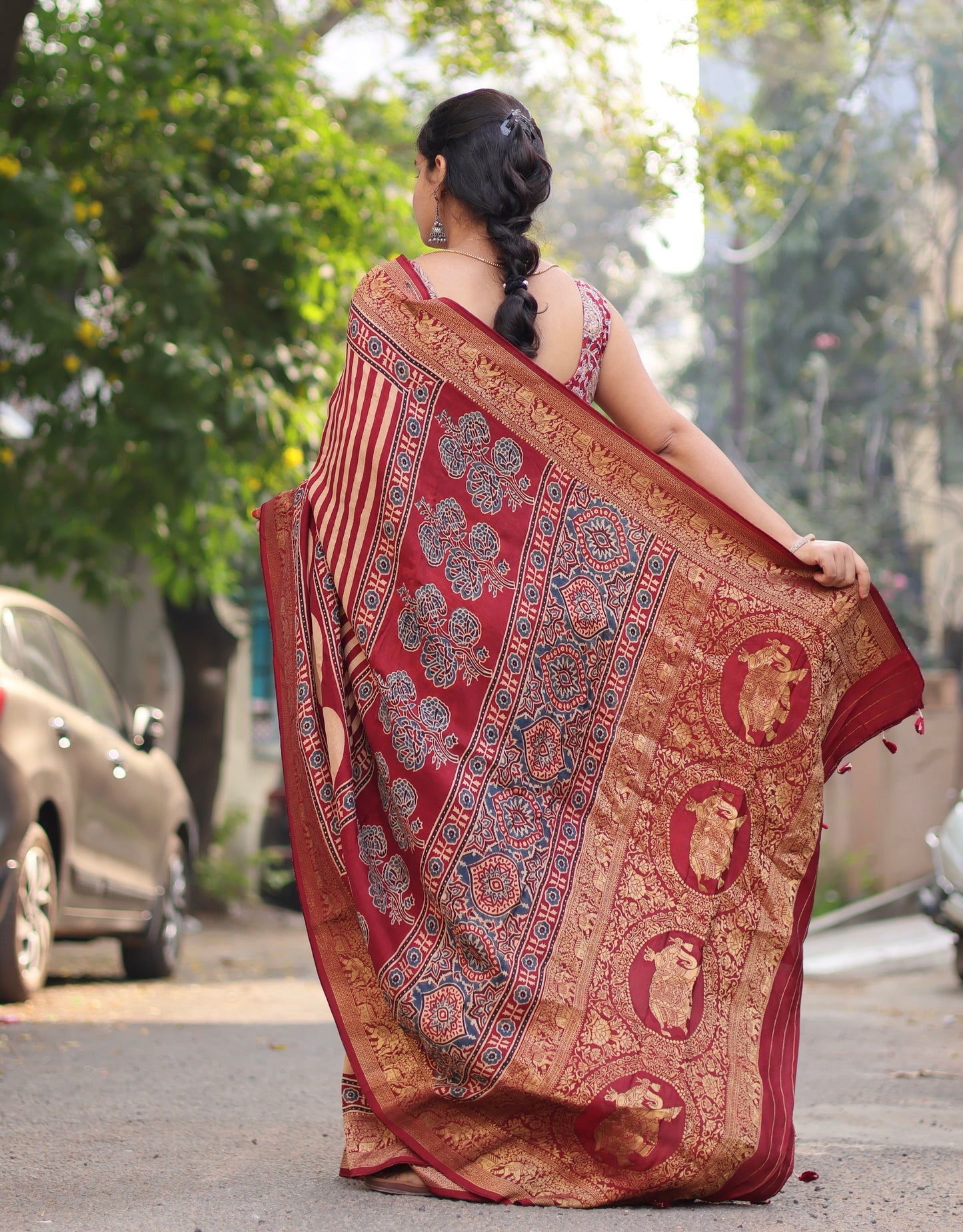 Ajrakh Dola Silk Saree