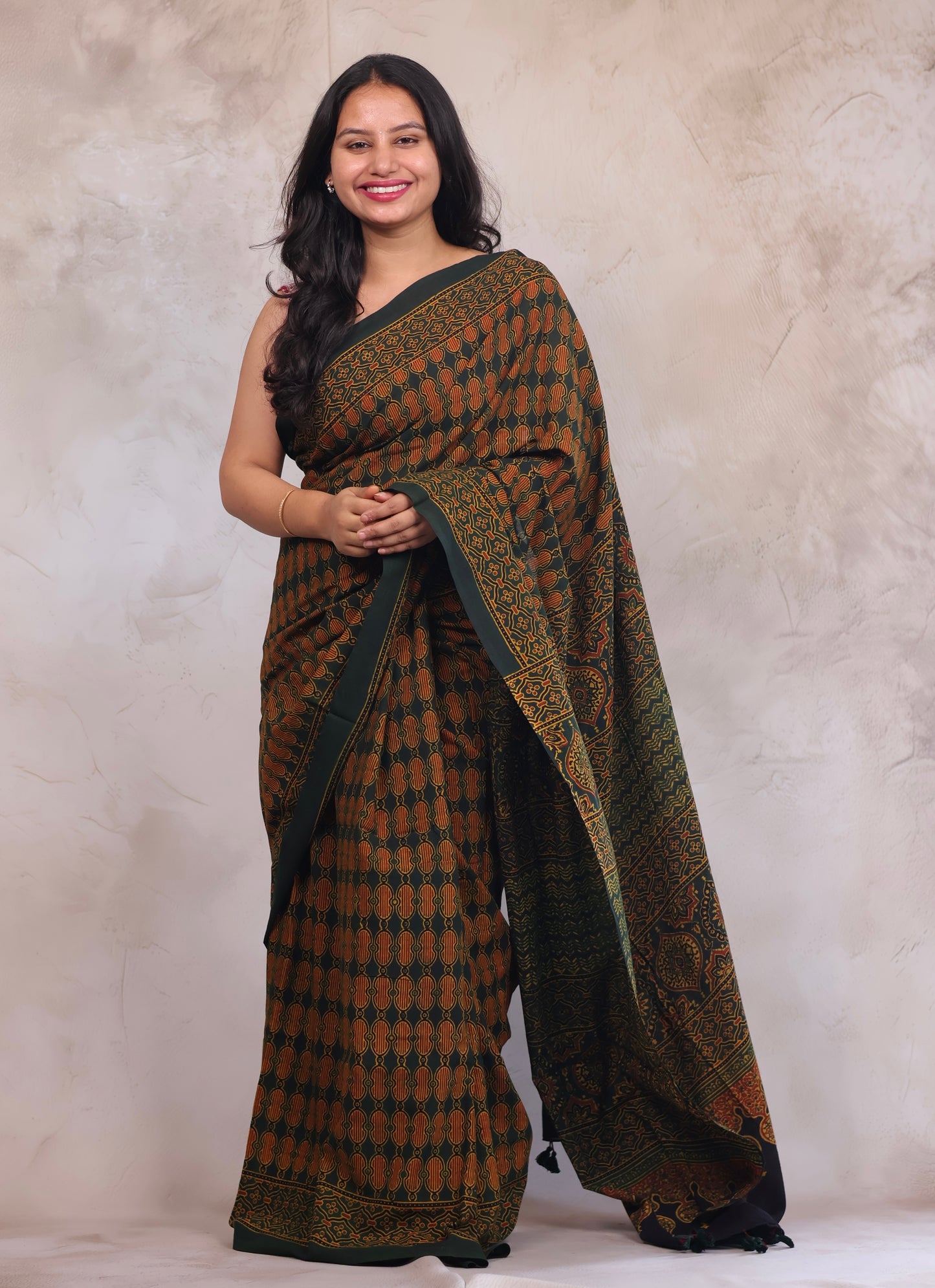 Green Ajrakh Hand Block Printed Mul Cotton Saree | Looms & Tassels