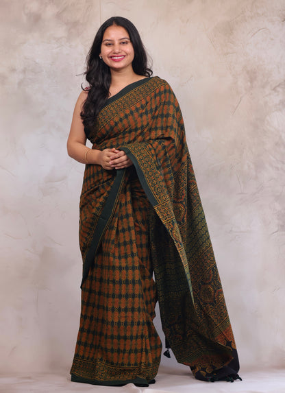 Green Ajrakh Hand Block Printed Mul Cotton Saree | Looms & Tassels