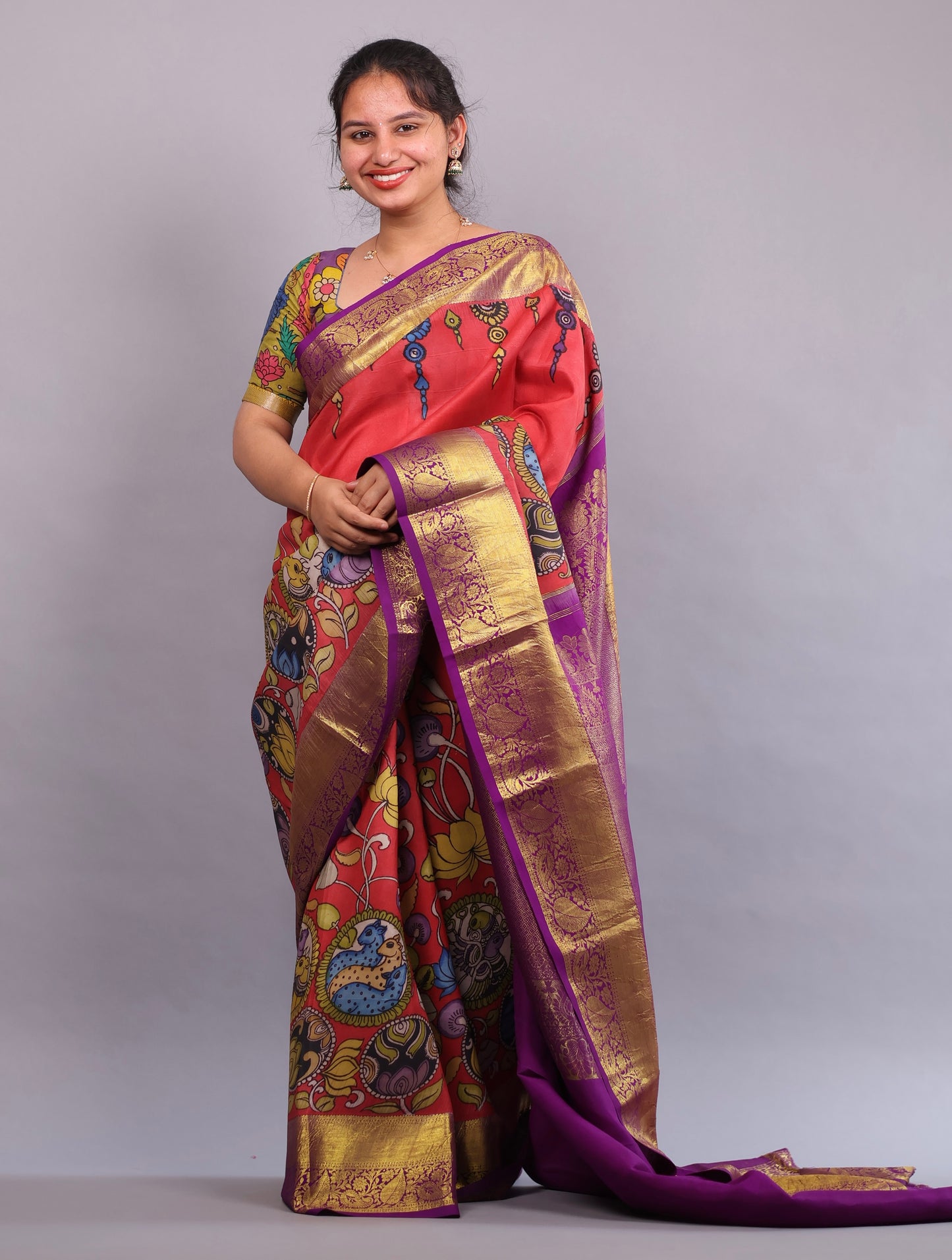 Kanchi Pattu Hand Painted Pen Kalamkari Saree