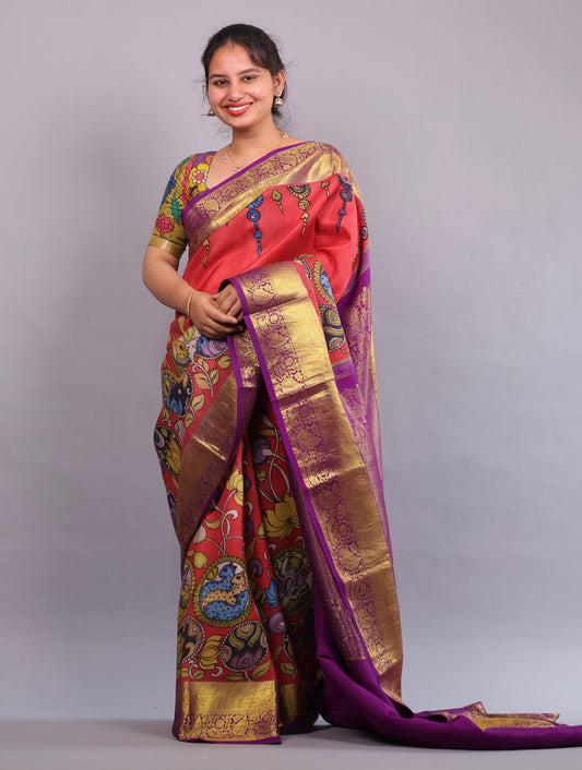 Kanchi Pattu Hand Painted Pen Kalamkari Saree