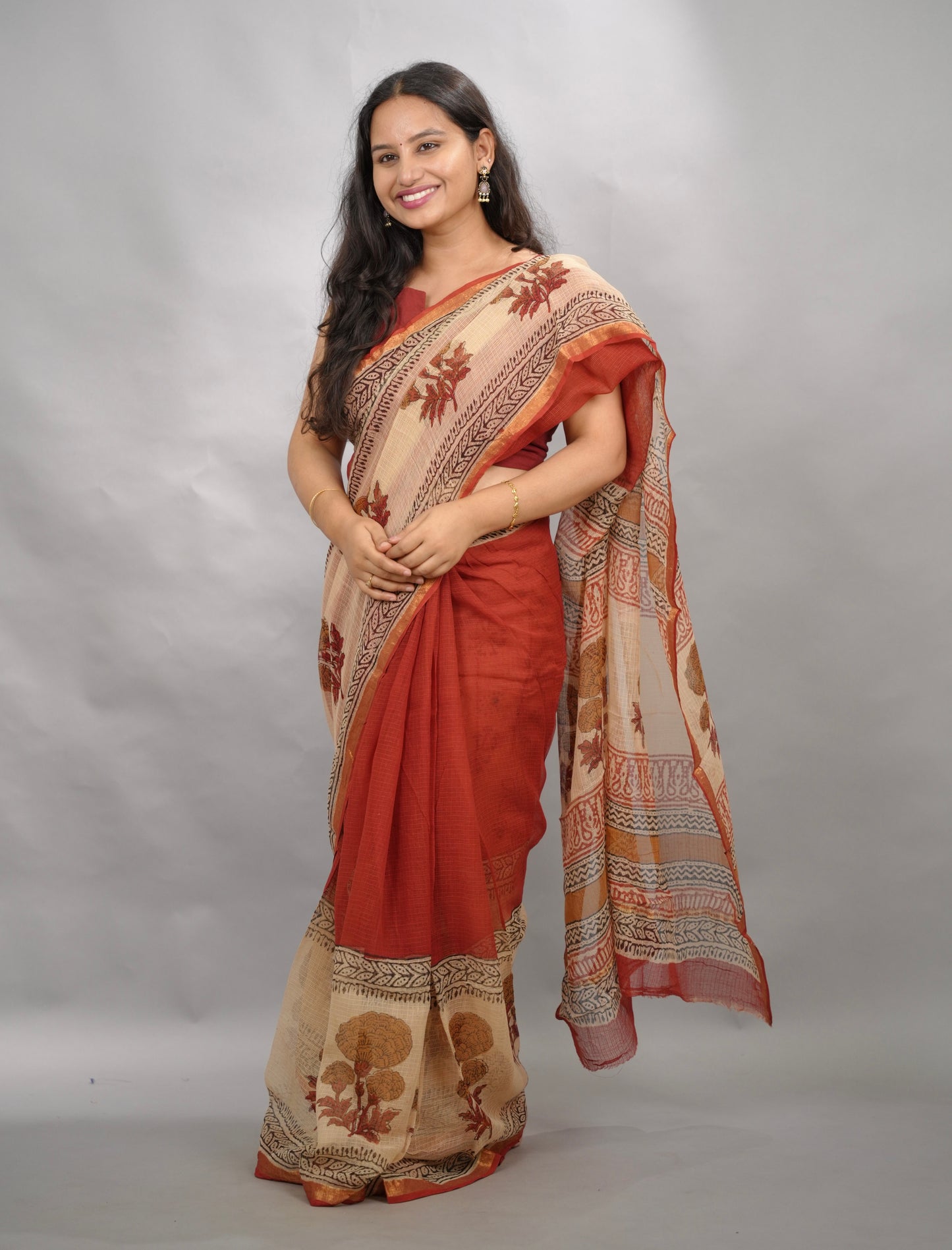 Maroon Pure Kota Doria Saree with Bagru Handblock Prints | Looms & Tassels