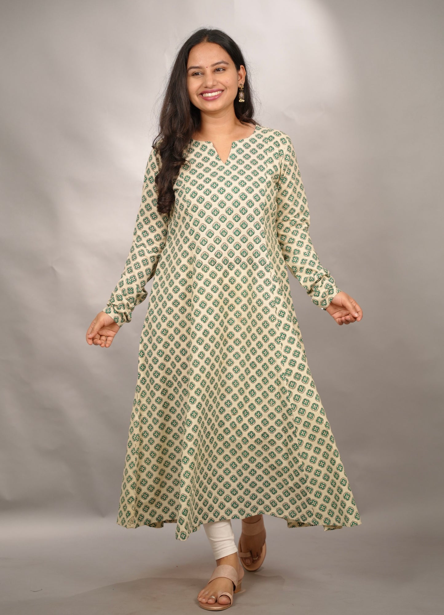 Cream Pure Mul Cotton Kali Kurta with Chudi Sleeves | Looms & Tassels
