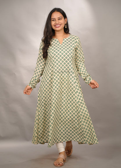 Cream Pure Mul Cotton Kali Kurta with Chudi Sleeves | Looms & Tassels