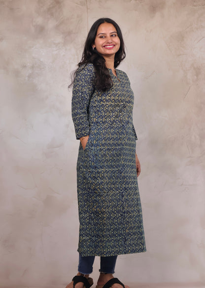 Indigo Ajrakh Hand Block Printed Kurti | Looms & Tassels