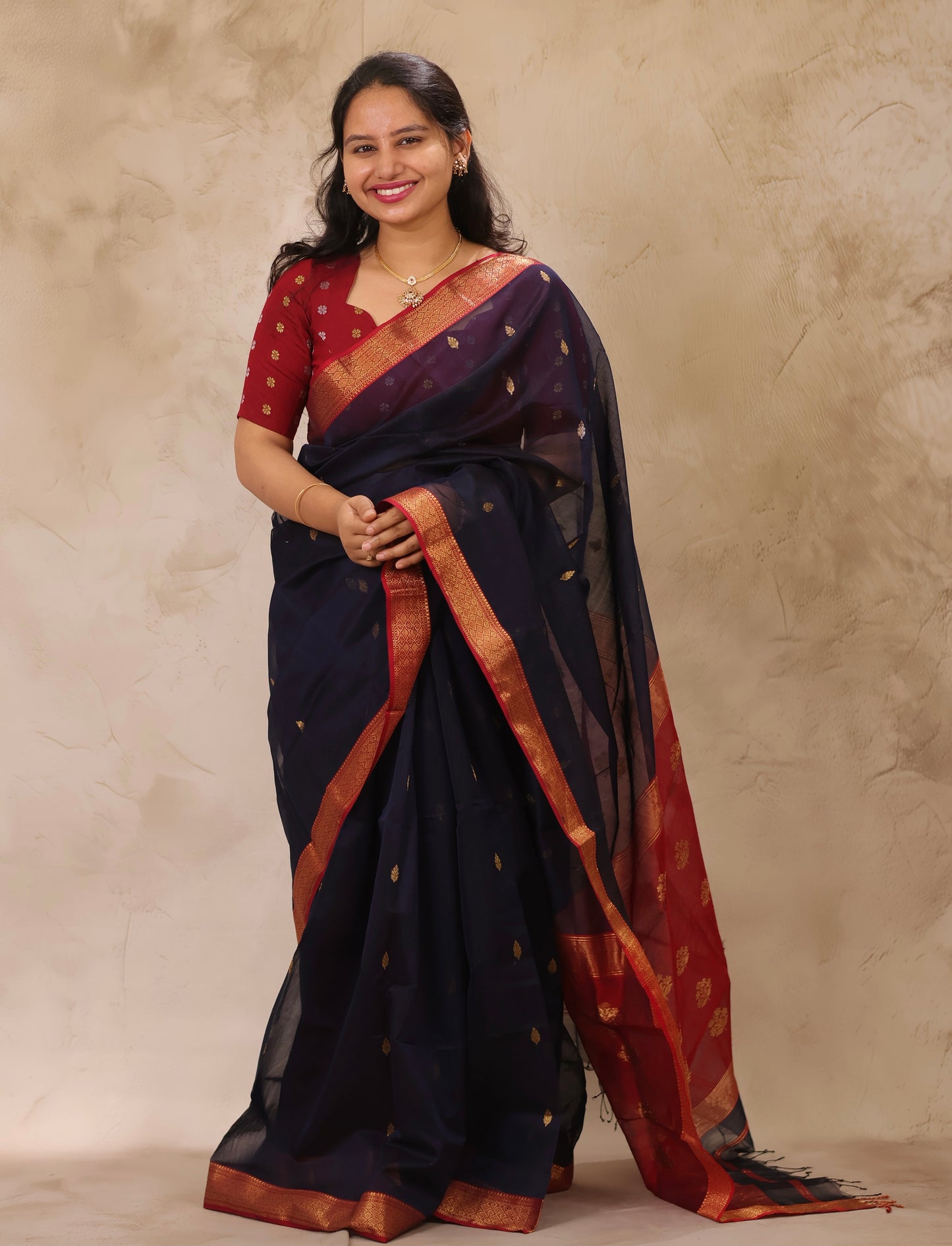 Dark Blue Handloom Maheswari Silk Cotton Sarees | Looms & Tassels
