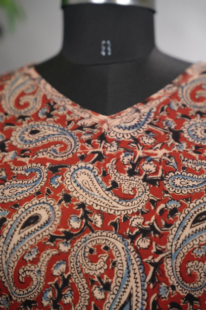 V Neck Stretchable Hand block printed kalamkari blouse