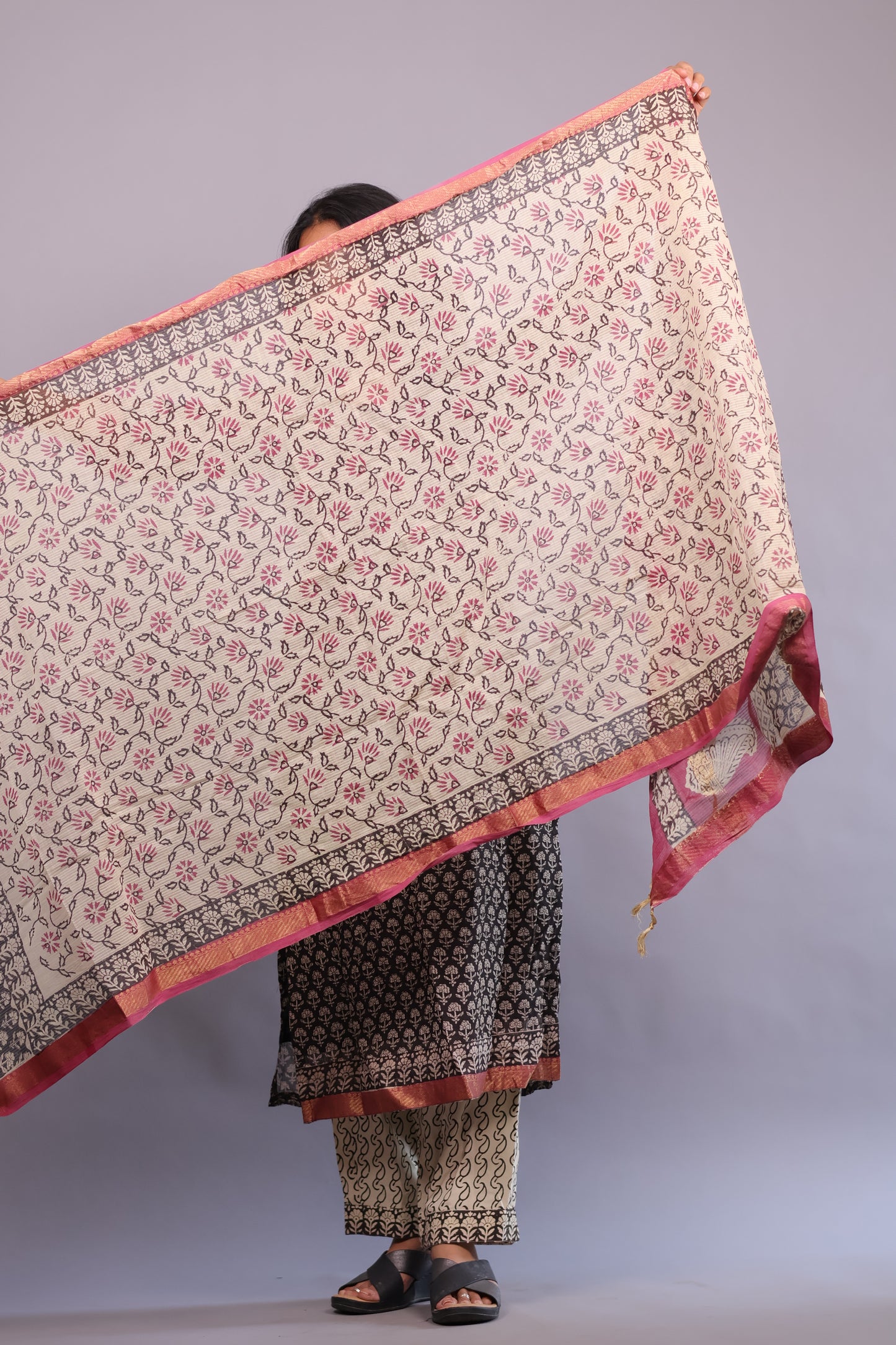 Handblock printed Pure Maheswari Silk 3 piece suit (stitched)