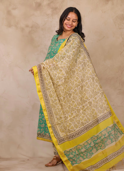 Sea Green Handblock printed Pure Maheswari Silk 3 piece suit (stitched)