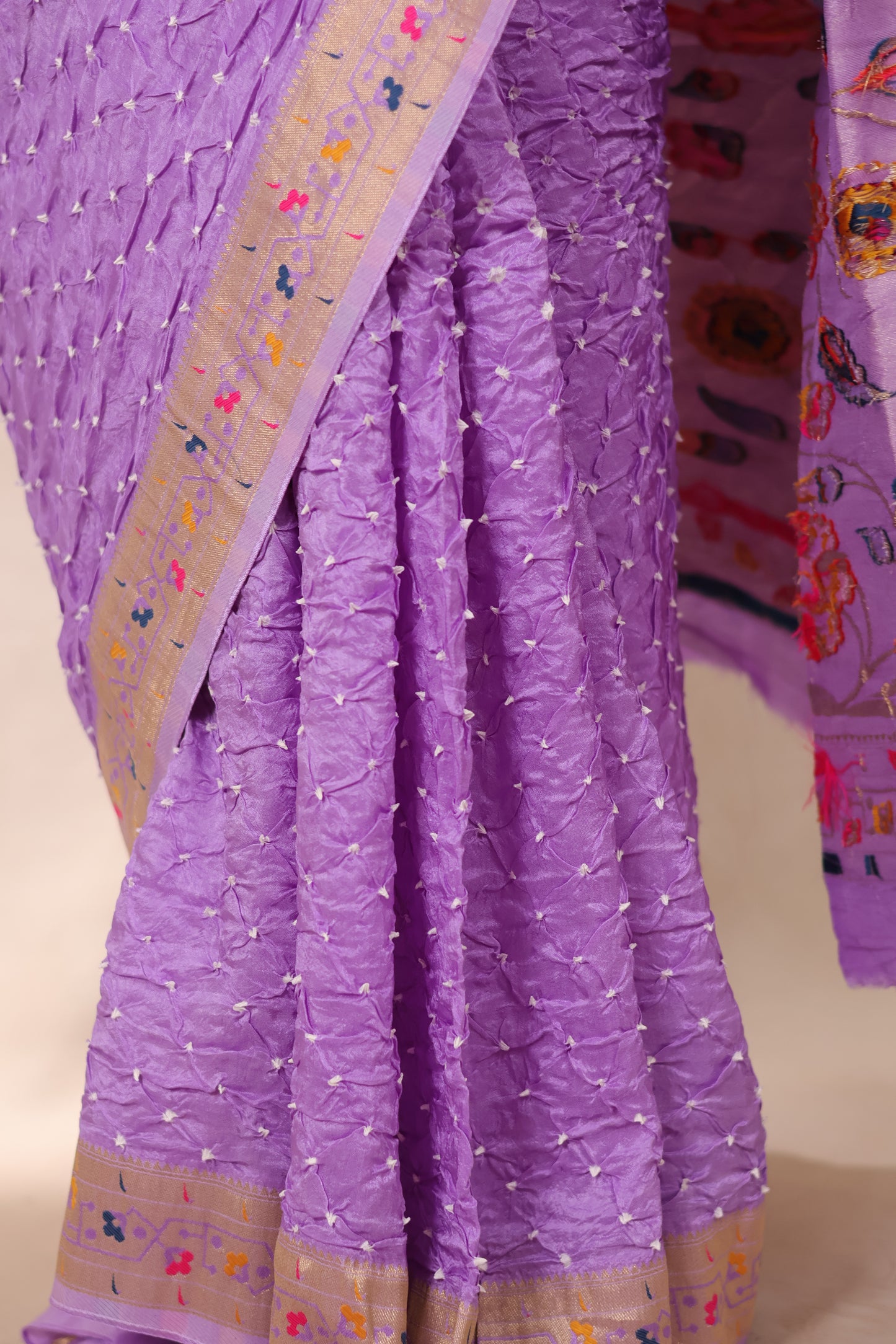 Pastel Lavender Handcrafted Bandhani Paithani Dola Silk Saree | Looms & Tassels