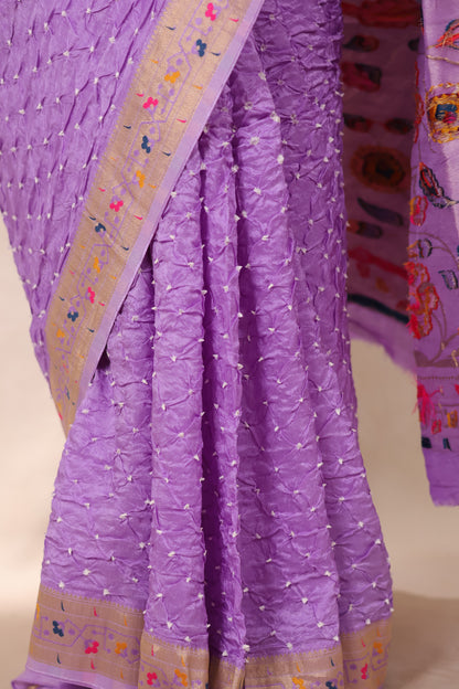 Pastel Lavender Handcrafted Bandhani Paithani Dola Silk Saree | Looms & Tassels