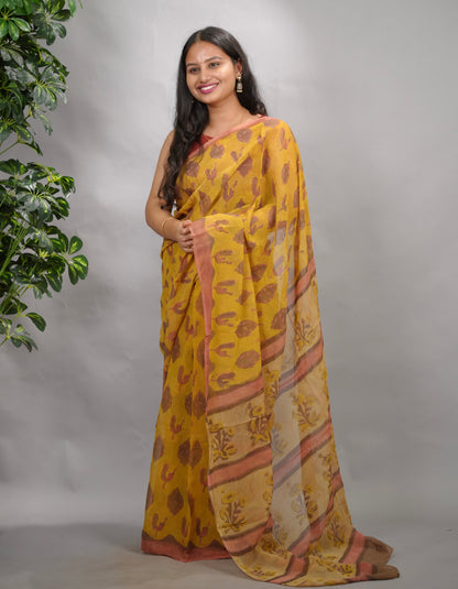 Mustard & Peach Chiffon Hand Block Printed Saree | Looms & Tassels