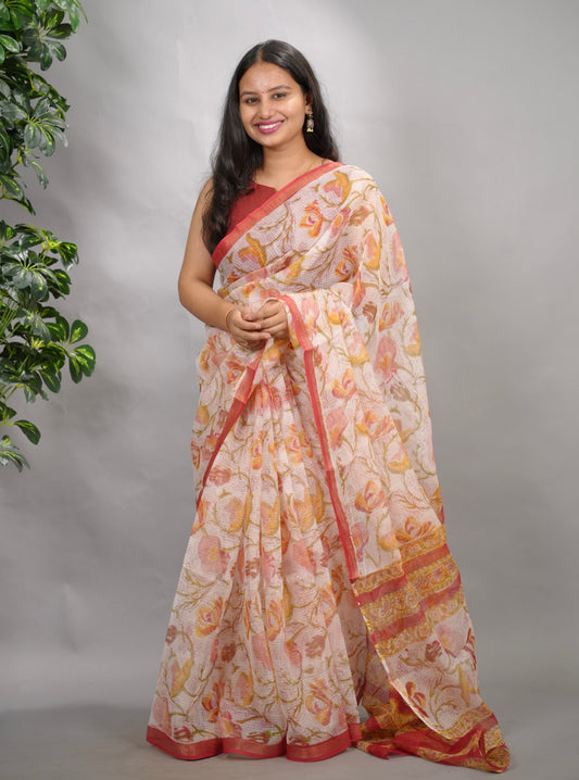 Off white Pure Kota Doria Saree with Bagru Handblock Prints