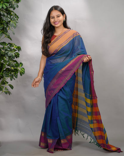 Peacock Blue Narayanpet Cotton Saree With Ganga And Jamuna Border | Looms & Tassels