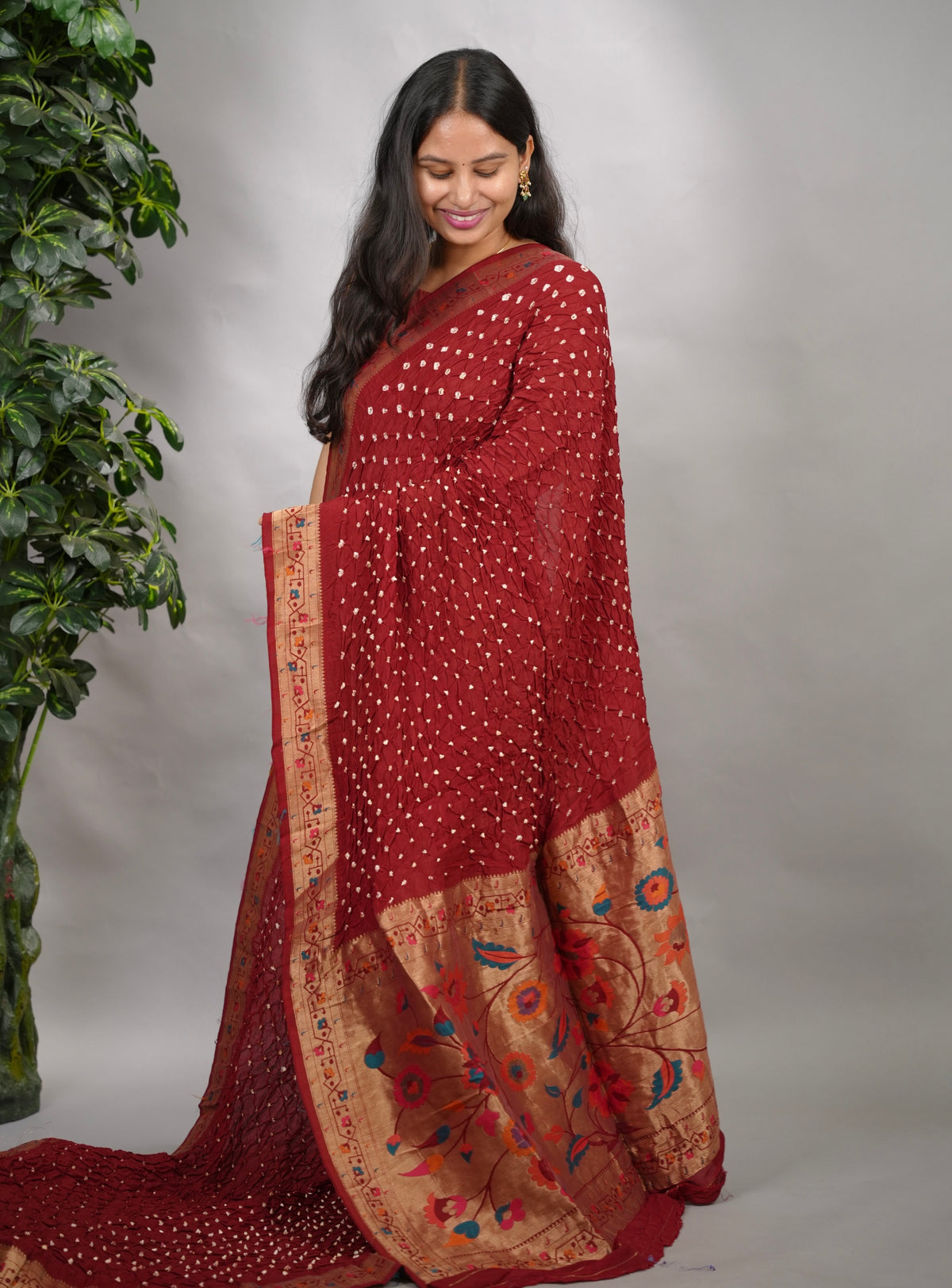Maroon Handcrafted Bandhani Paithani Dola Silk Saree | Looms & Tassels