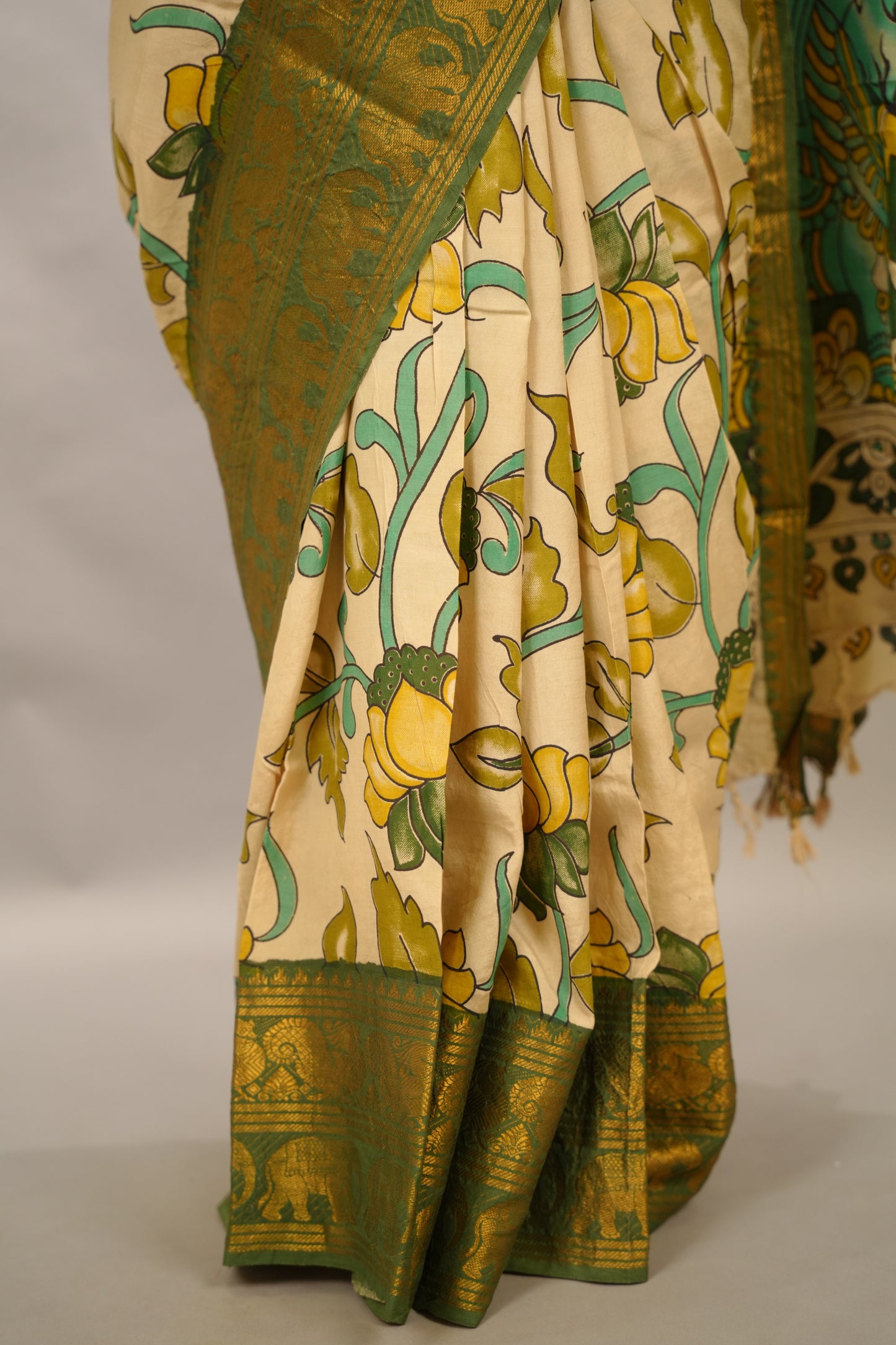 Green Kanchi border Kalamkari chennur silk saree