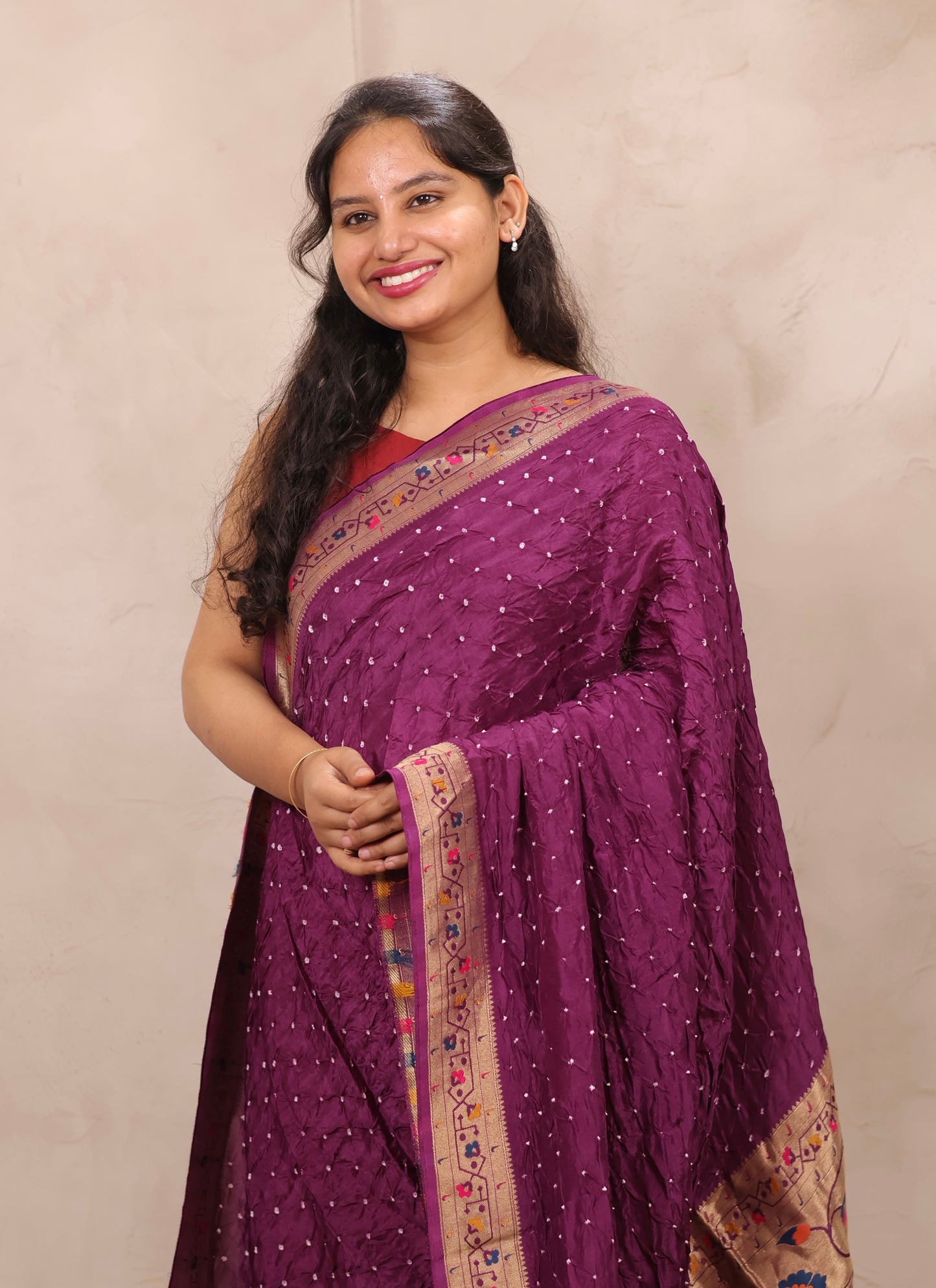 Magenta Handcrafted Bandhani Paithani Dola Silk Saree | Looms & Tassels