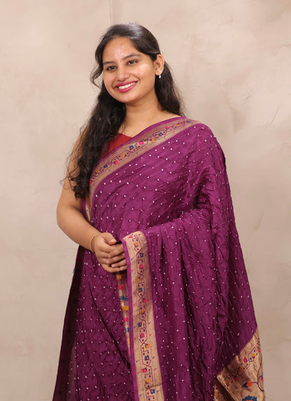 Magenta Handcrafted Bandhani Paithani Dola Silk Saree | Looms & Tassels
