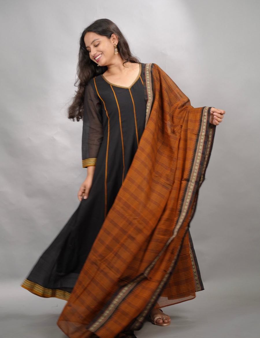 Black Narayanpet Cotton Anarkali Dress with Narayanpet Dupatta | Looms & Tassels