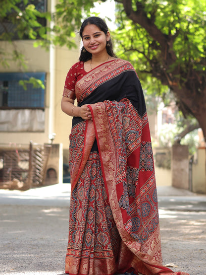 Black & Red Ajrakh Dola Silk Saree