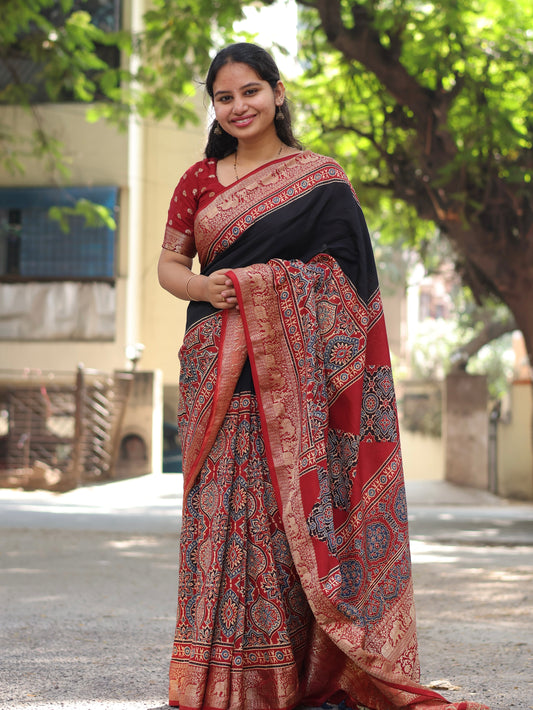Black & Red Ajrakh Dola Silk Saree