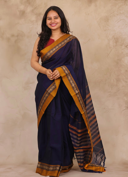 Blue Narayanpet Cotton Saree with Elephant Border | Looms & Tassels