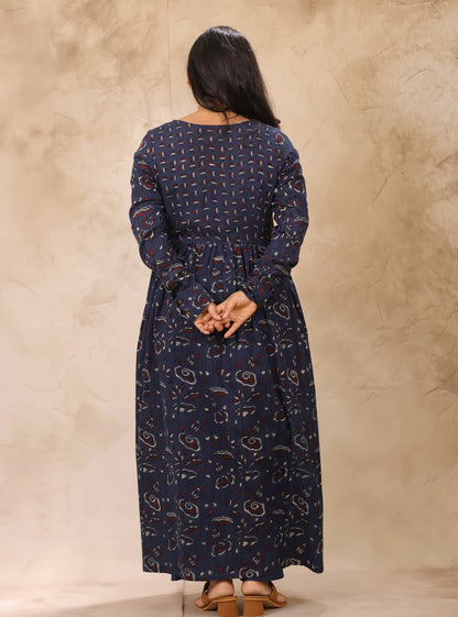 Indigo Ajrakh Hand Block Printed Pure Mul Cotton Aline Kurta | Looms & Tassels