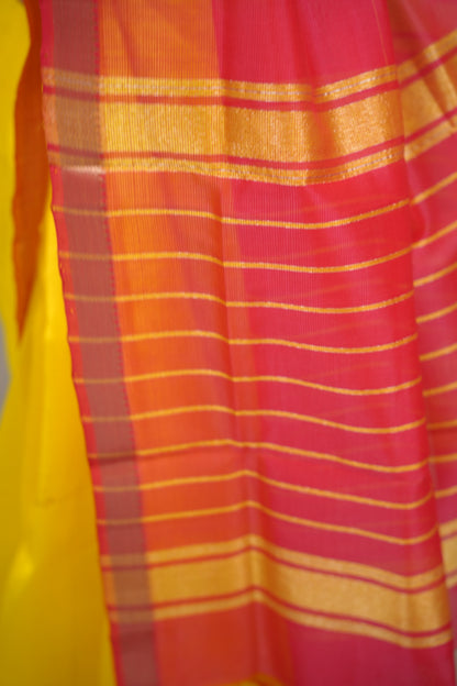 Yellow & Pink Handloom Mangalagiri Silk Saree| Looms & Tassels