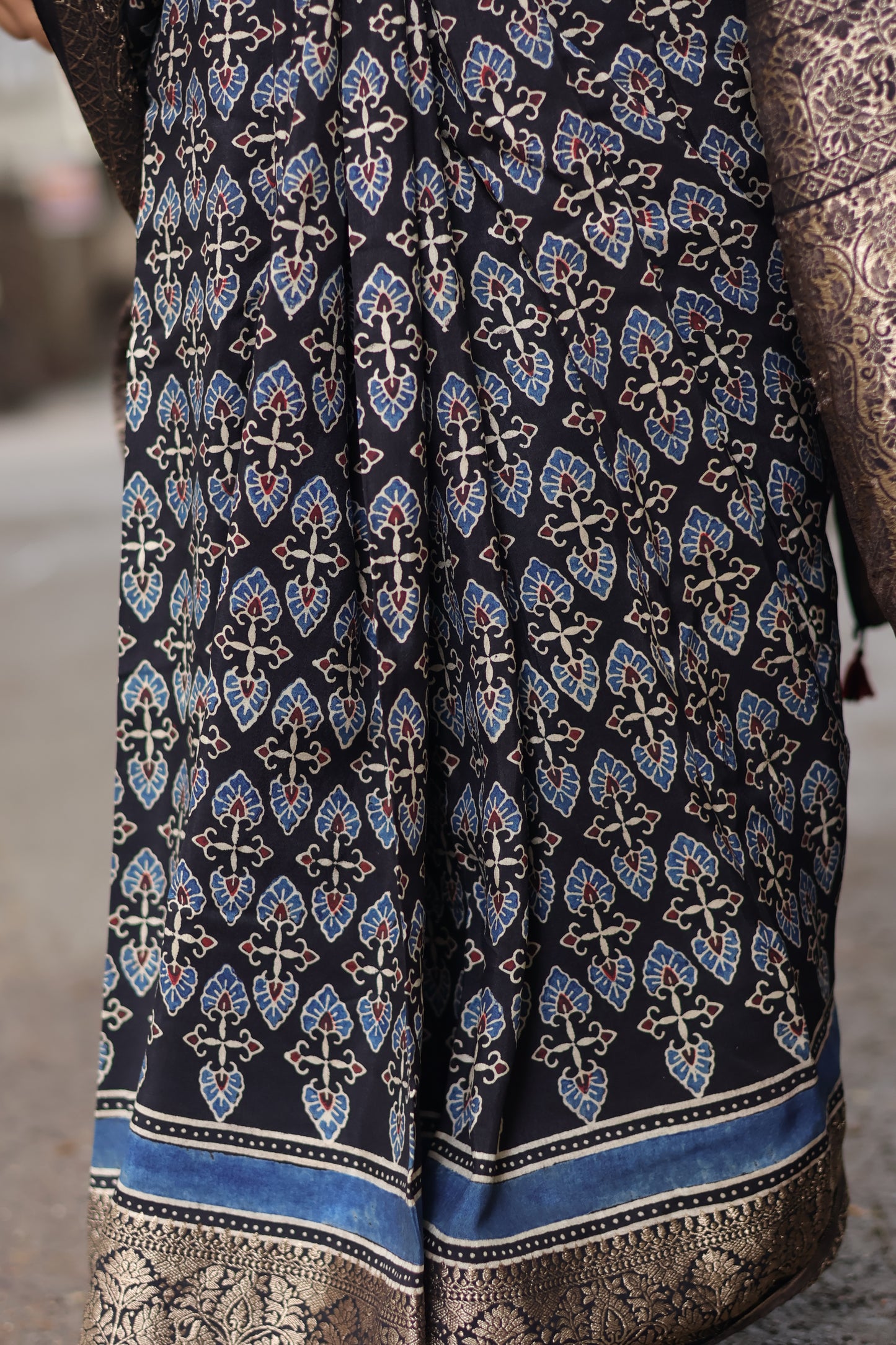 Black Ajrakh Dola Silk Saree
