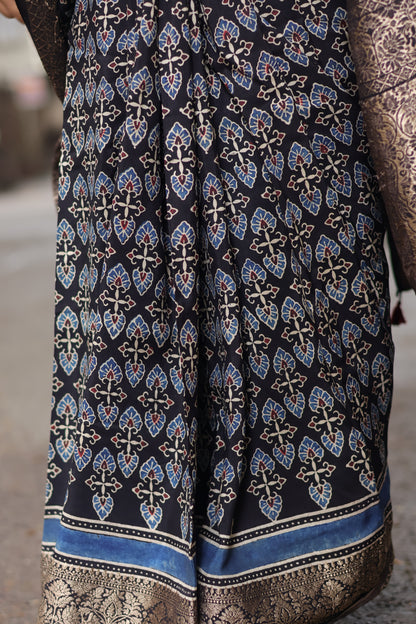 Black Ajrakh Dola Silk Saree