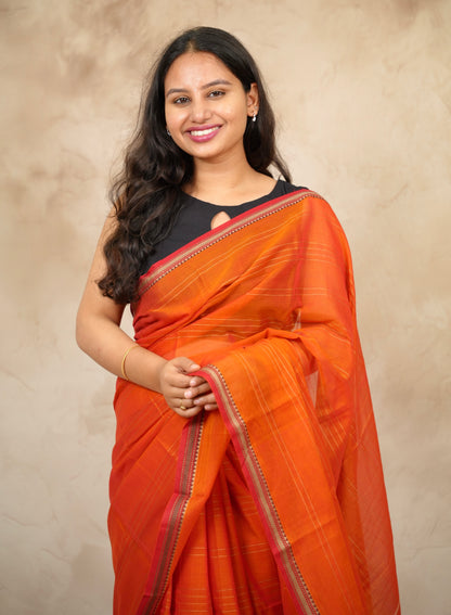 Orange Narayanpet Cotton Saree lines weaving | Looms & Tassels
