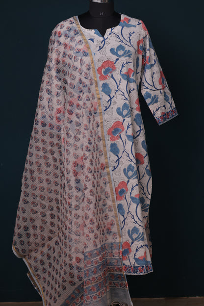 White Handblock printed Pure Mul Cotton with Kota Doria Duppata 3 piece suit (stitched)
