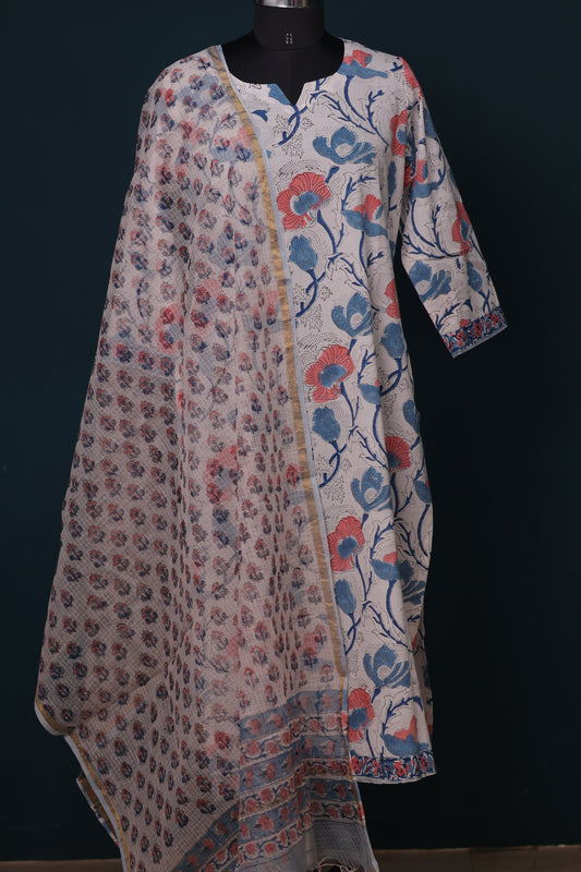 White Handblock printed Pure Mul Cotton with Kota Doria Duppata 3 piece suit (stitched)