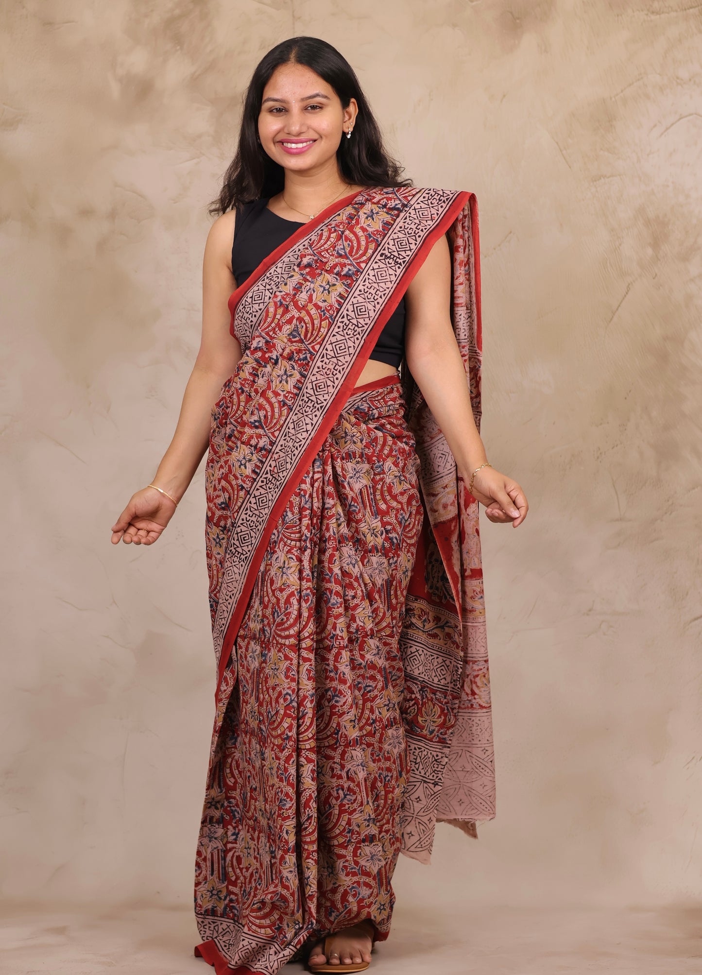 Red Hand Block Printed Kalamkari Cotton Saree | Looms & Tassels