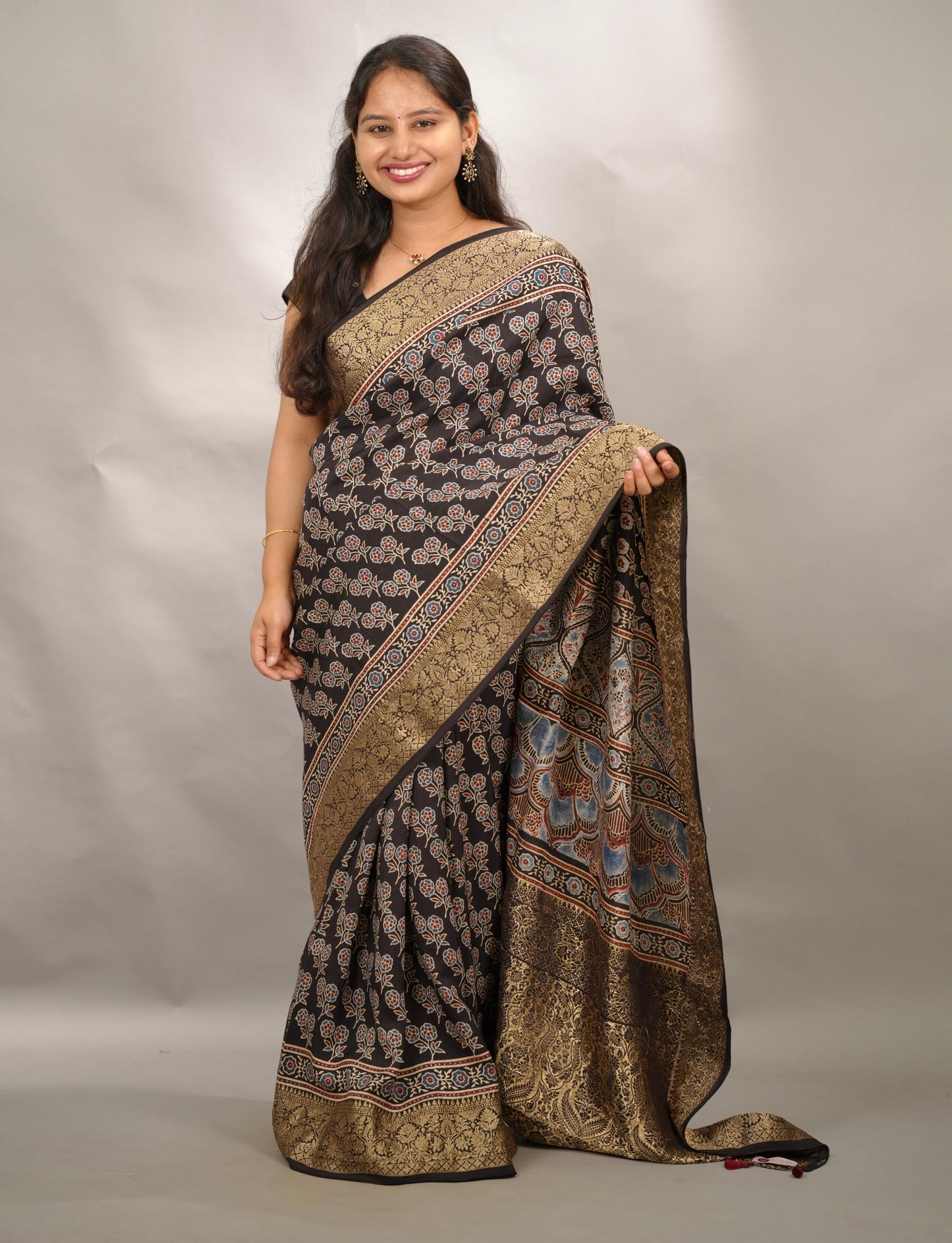 Black Ajrakh Handblock printed Dola Silk Saree | Looms & Tassels