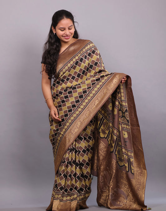 Antique Brown Geometrical Jal pattern Authentic  Ajrakh Hand Block printed Dola Silk Saree | Looms & Tassels