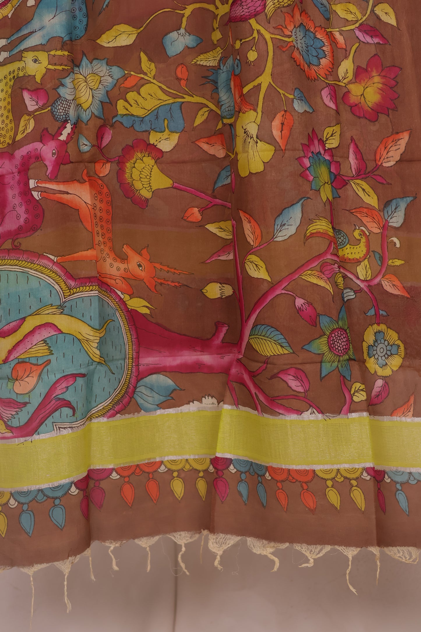 Brown Pen Kalamkari Mangalagiri silk Dupatta