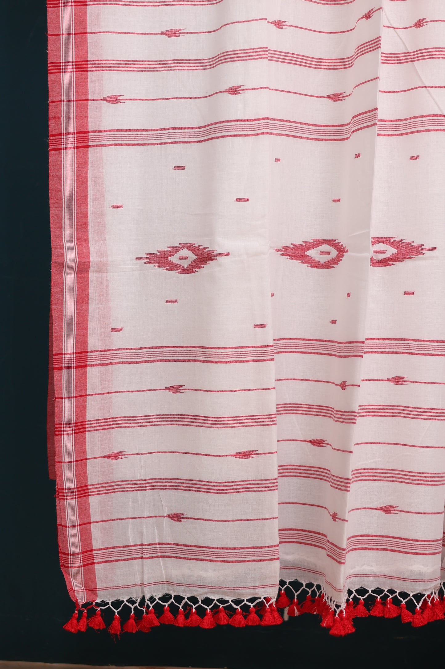 White & Red Pure Handwoven Malai Cotton Saree with Butta Weaving border