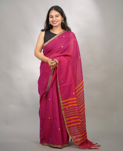 Pink Narayanpet Cotton Saree With Butta Weaving | Looms & Tassels