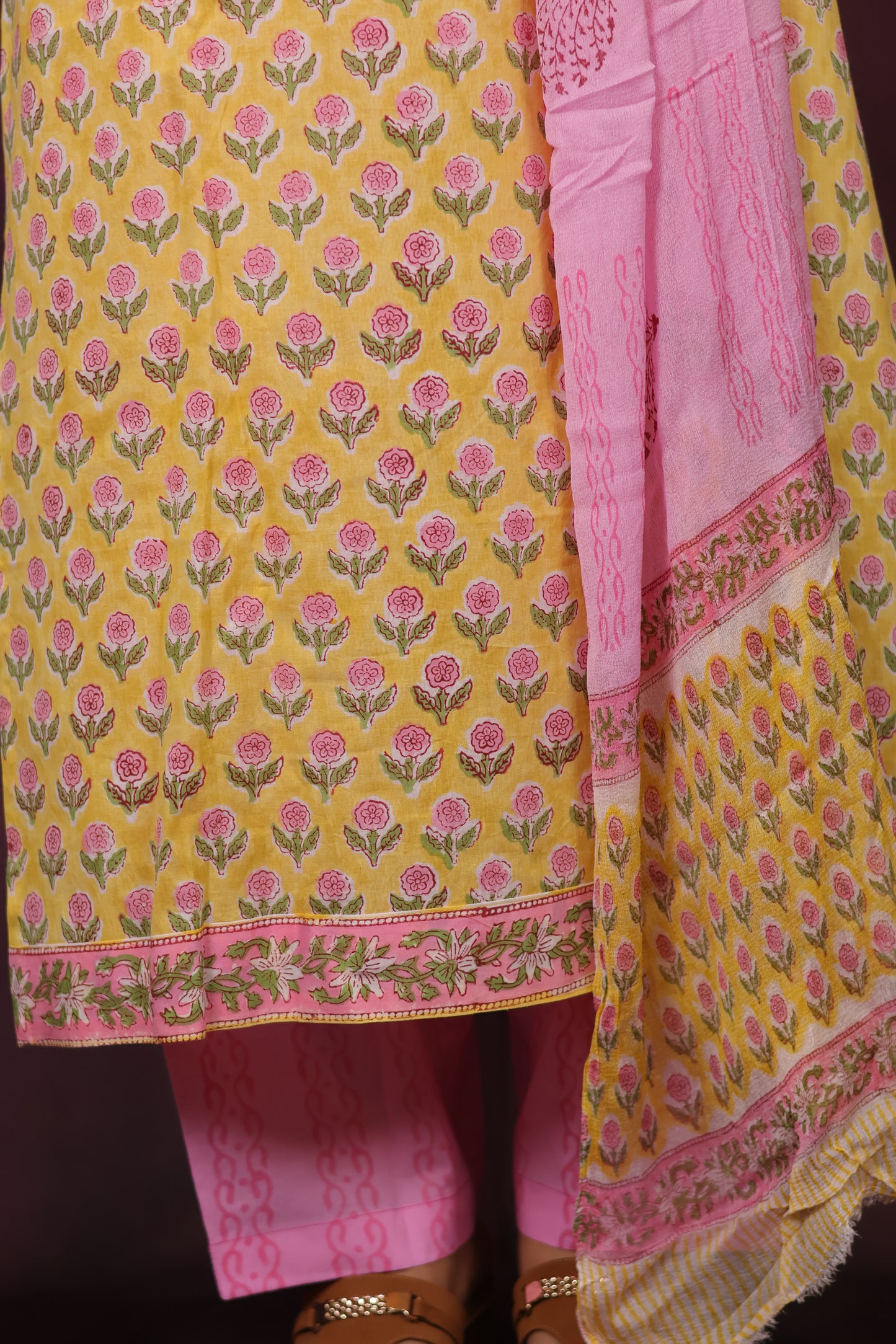 Yellow And Pink Handblock printed Pure Mul Cotton with Chiffon Dupatta 3 piece suit (stitched)