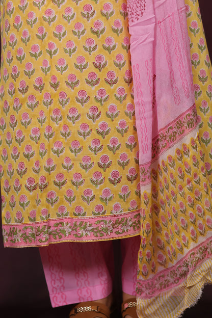 Yellow And Pink Handblock printed Pure Mul Cotton with Chiffon Dupatta 3 piece suit (stitched)