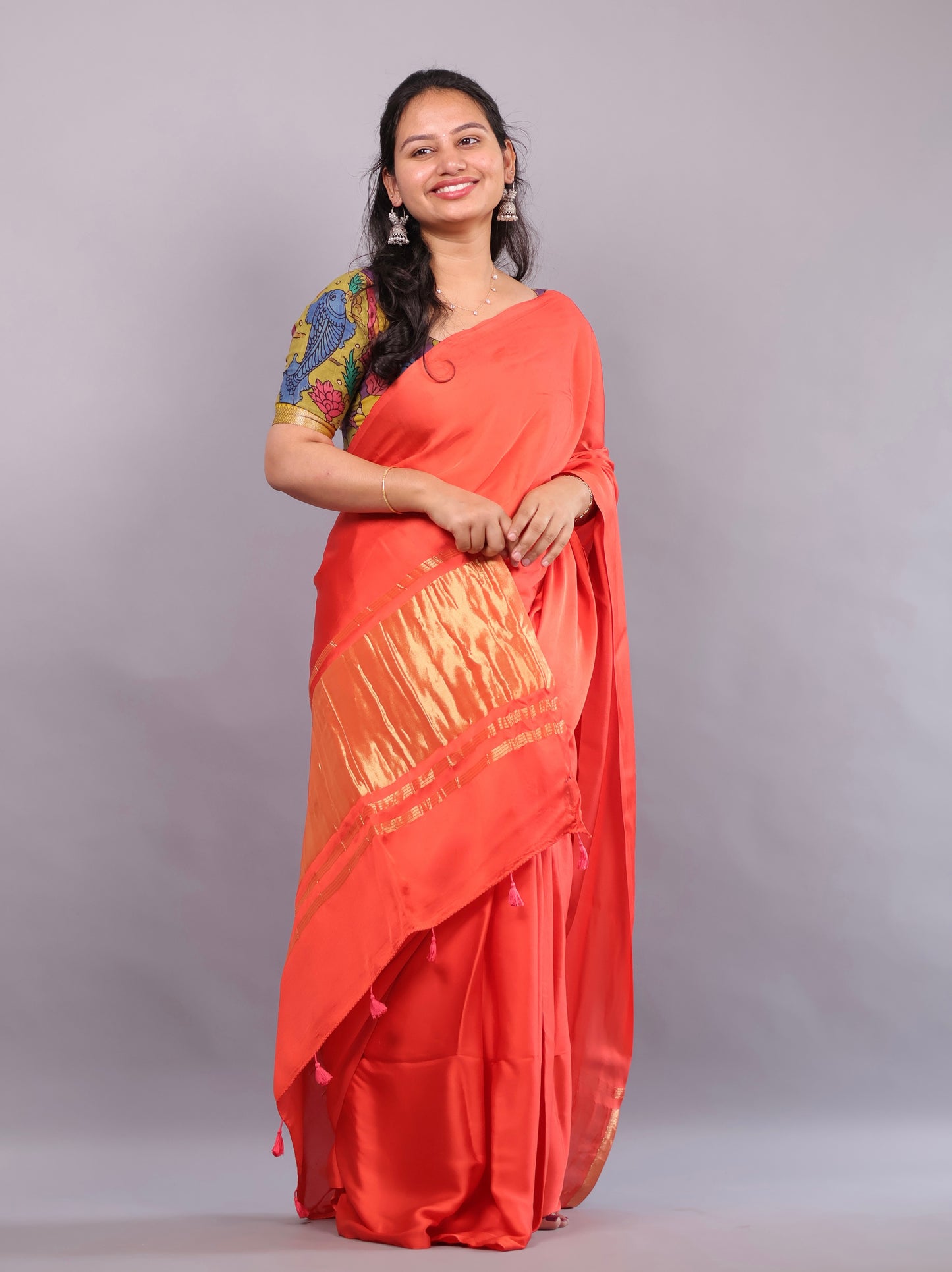 Orange Plain Modal Silk Saree with Lagdi Pallu | Looms & Tassels
