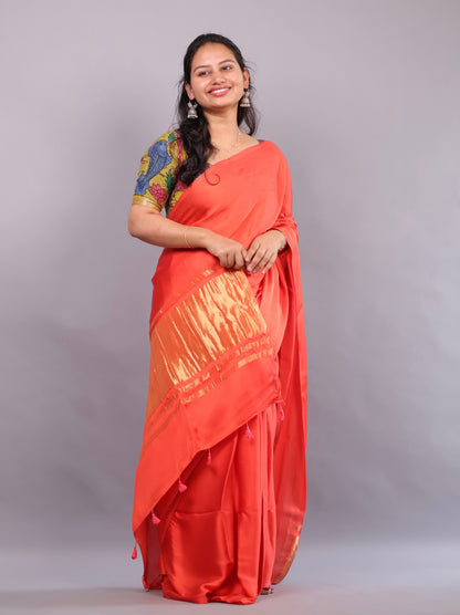 Orange Plain Modal Silk Saree with Lagdi Pallu | Looms & Tassels