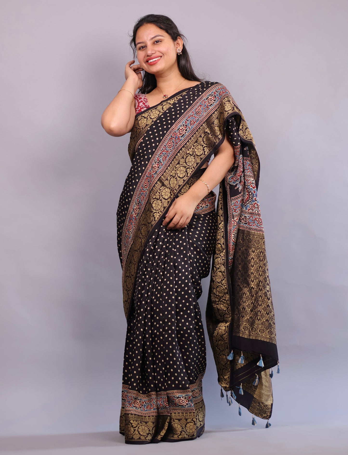 Black Polka Dots Ajrakh Handblock printed Dola Silk Saree | Looms & Tassels