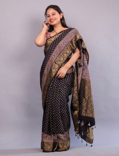 Black Polka Dots Ajrakh Handblock printed Dola Silk Saree | Looms & Tassels