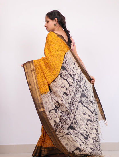 Mustard Dyeing Outline kalamkari silk saree