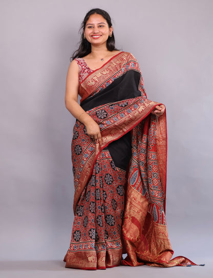 Black & Red Ajrakh Handblock printed Dola Silk Saree | Looms & Tassels