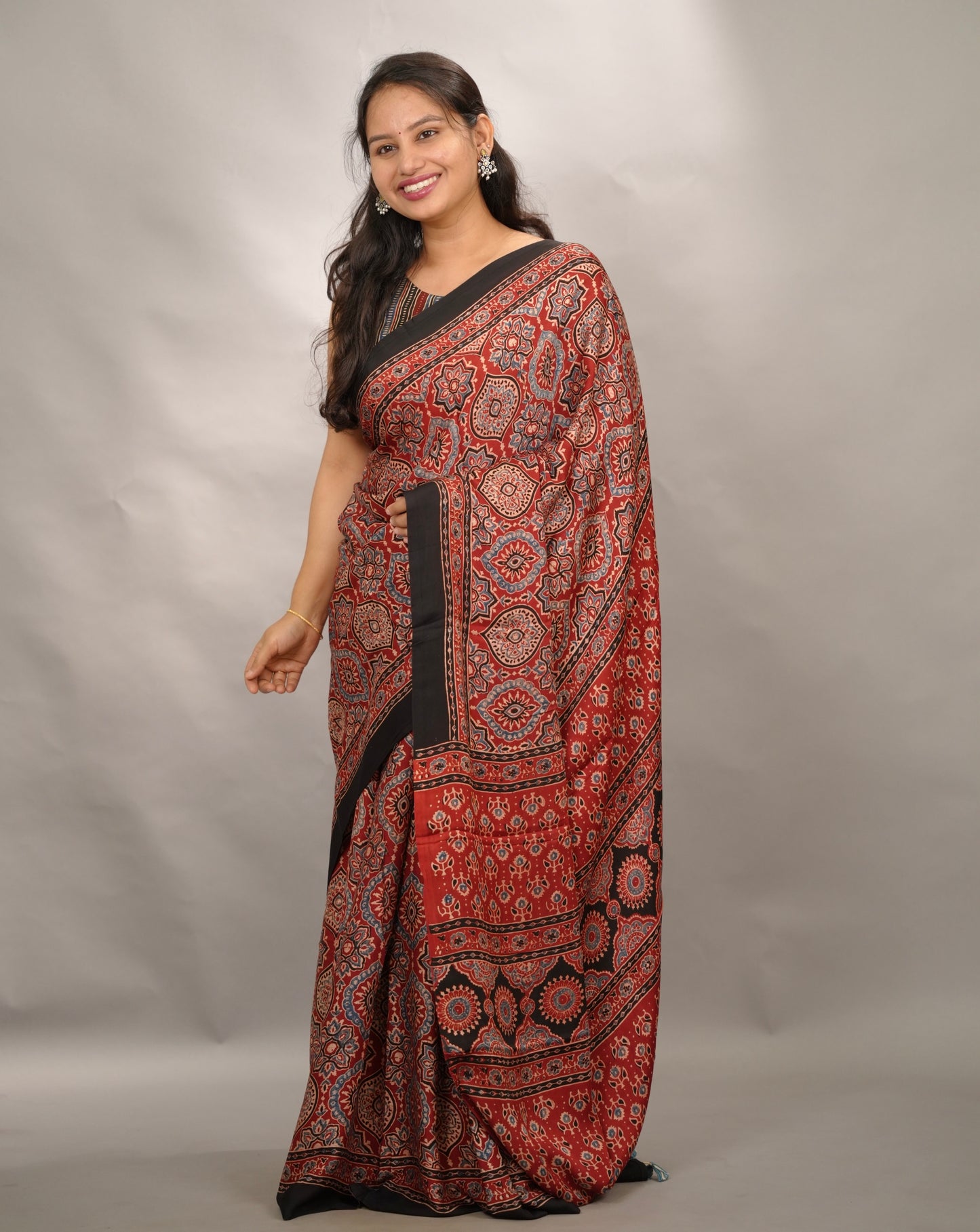 Maroon Badam Butta Authentic Ajrakh Handblock Printed Modal Silk Saree | Looms & Tassels