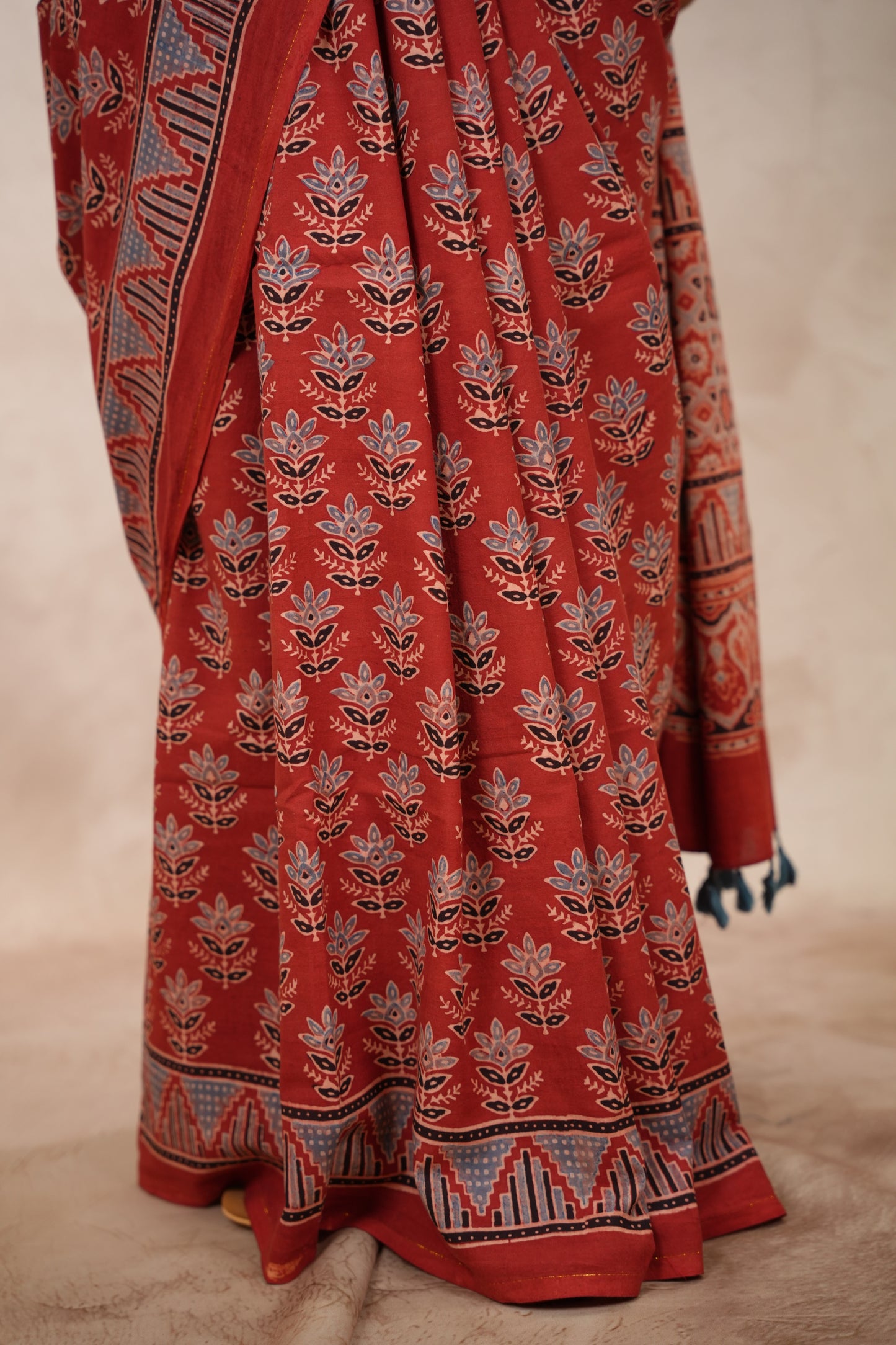 Red Ajrakh Hand Block Printed Cotton Saree | Looms & Tassels