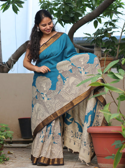 Teal Blue & Cream Traditional Folks Kalamkari Silk Handcrafted Nizam Border Saree